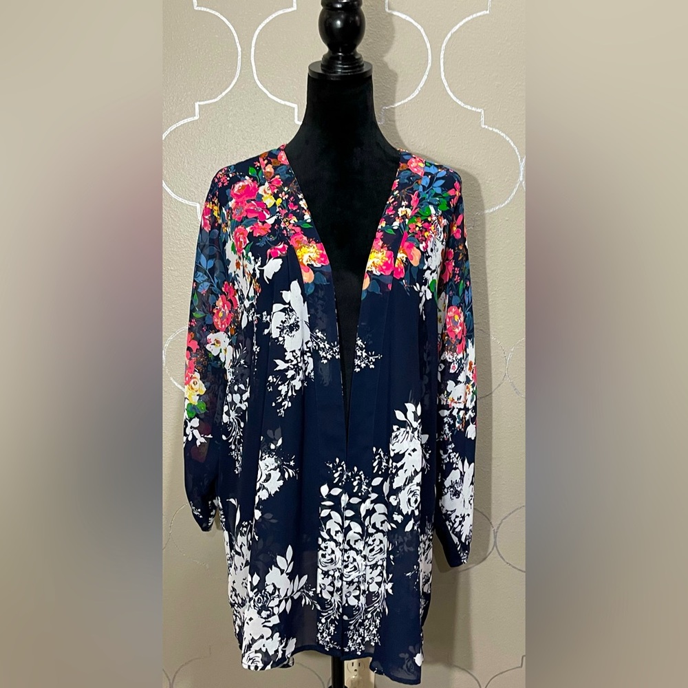 Roz & Ali Blue and Floral Kimono Sz 3X